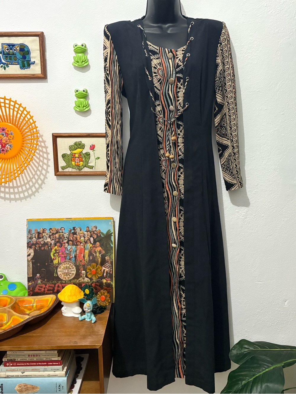 Vintage Whimsigoth Button Down Front Patterned Long Sleeve Maxi Dress